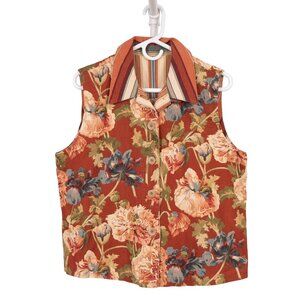 Floral Button Up Vest M Back Pleat Earthy Autumn Striped Collar Sleeveless